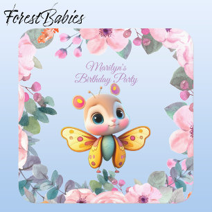 Adorable Baby Girl Butterfly Kid Birthday Party  Square Sticker