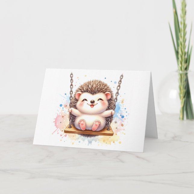 Adorable Baby Hedgehog Whimsical Watercolor Blank Card (Front)