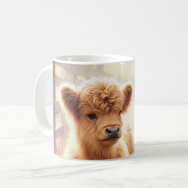 Adorable Baby Highland Cow In Flower Field Coffee Mug (Front Left)