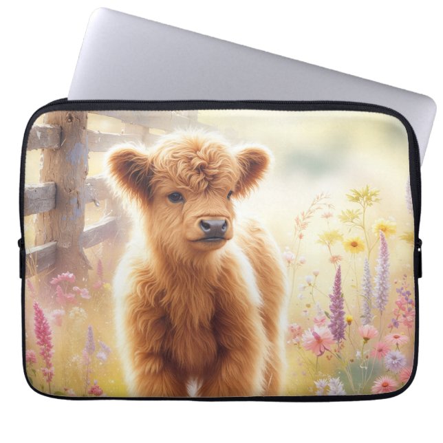 Adorable Baby Highland Cow In Flower Field Laptop Sleeve (Front)