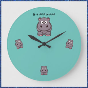 Adorable Baby Hippo Teal Bllue Wall Clock