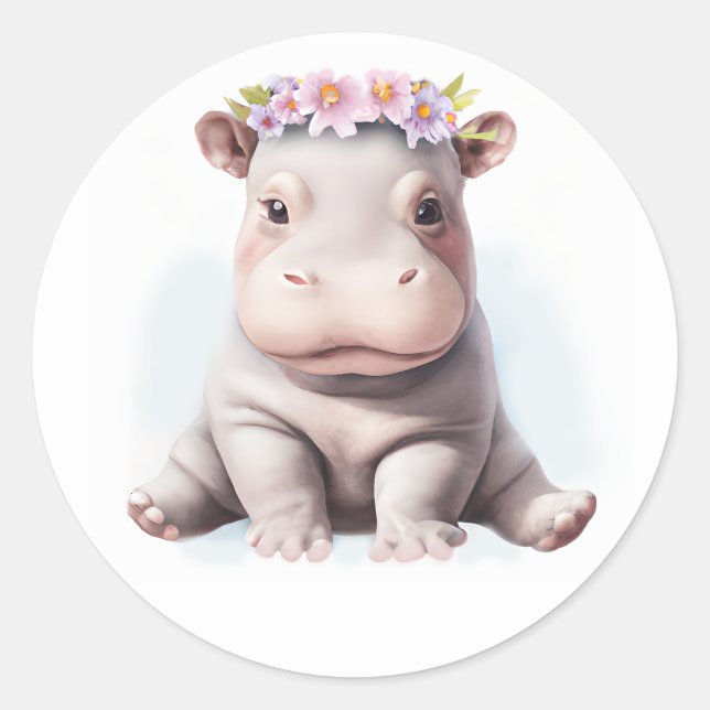 Adorable Baby Hippopotamus Classic Round Sticker (Front)
