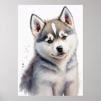 Adorable Baby Husky Watercolor Nursery Poster