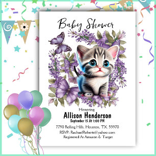 Adorable Baby Kitten And Butterflies Baby Shower Invitation
