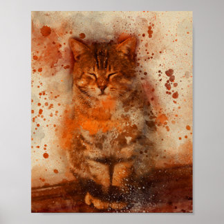 adorable baby kitten sleeping watercolor painting poster