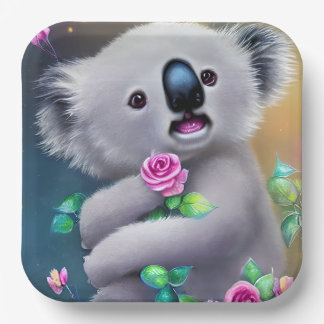 Adorable Baby Koala Bear with Flowers Paper Plate