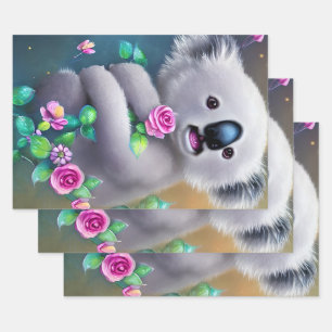 Adorable Baby Koala Bear with Flowers Wrapping Paper Sheet