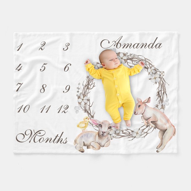 Adorable Baby Lambs Cotton Wreath Milestone Fleece Blanket (Creator Uploaded)