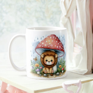 Adorable Baby Lion Cub Under Mushroom Umbrella Coffee Mug