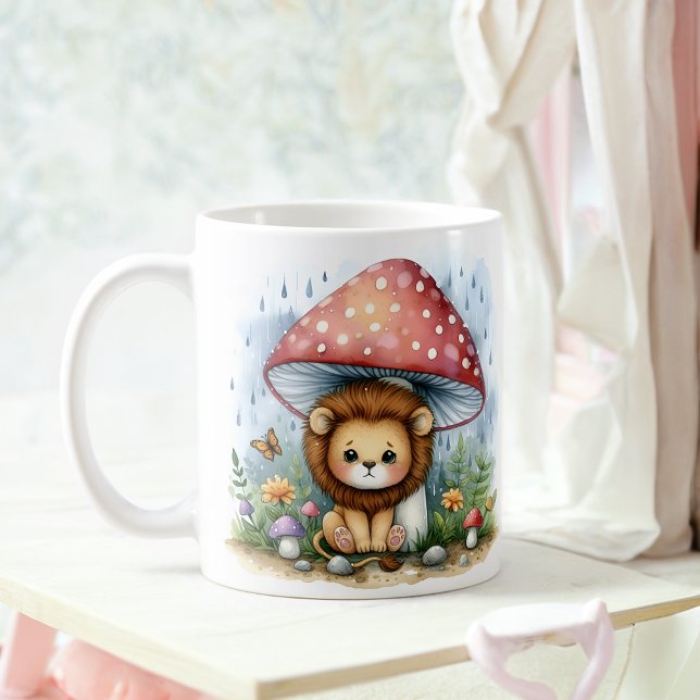 Adorable Baby Lion Cub Under Mushroom Umbrella Coffee Mug (Creator Uploaded)