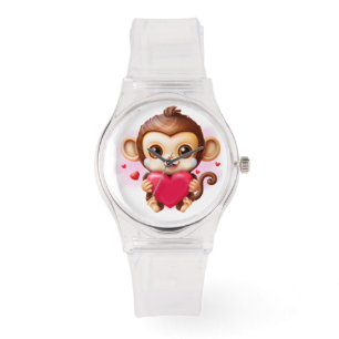 Adorable Baby Monkey Holding a Red Heart Watch