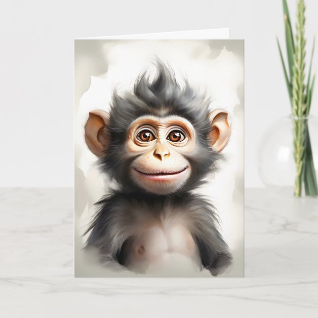 Adorable Baby Monkey Portrait Blank Greeting  Card (Front)
