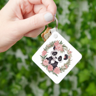 Adorable Baby Panda Bear with Flowers Key Ring