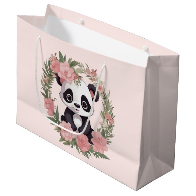 Adorable Baby Panda Bear with Flowers Large Gift Bag (Front Angled)