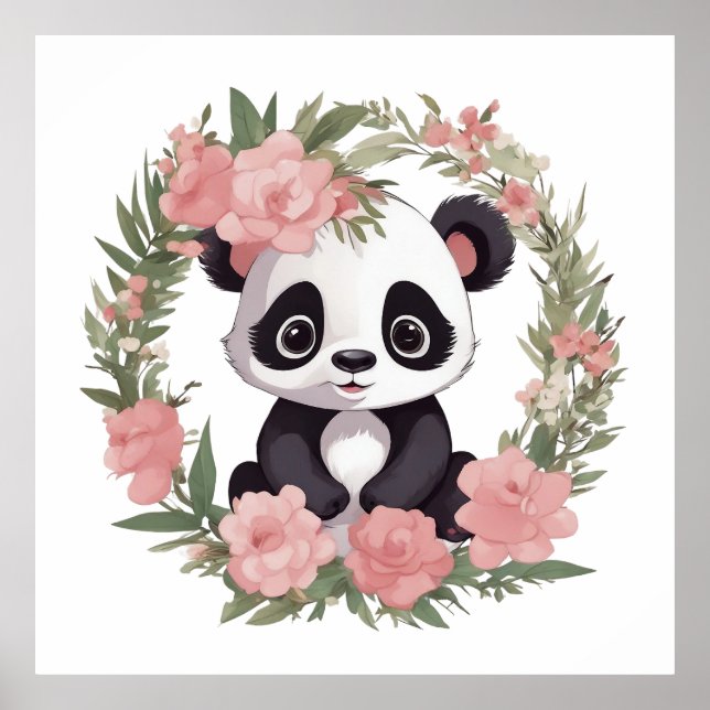 Adorable Baby Panda Bear with Flowers Poster (Front)