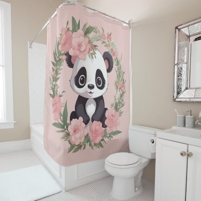 Adorable Baby Panda Bear with Flowers Shower Curtain (In Situ)