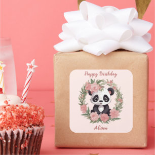 Adorable Baby Panda Bear with Flowers Square Sticker