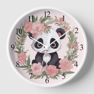 Adorable Baby Panda Bear with Flowers Wall Clock