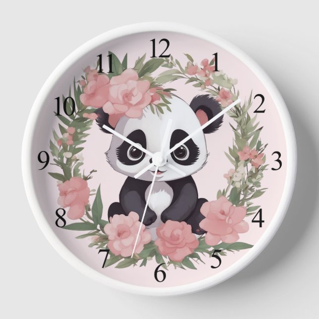 Adorable Baby Panda Bear with Flowers Wall Clock (Front)