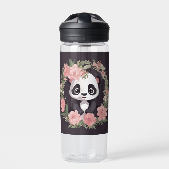 Adorable Baby Panda Bear with Flowers Water Bottle (Front)