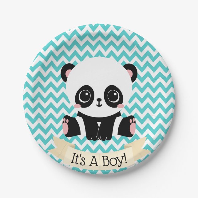 Adorable Baby Panda Blue Baby Shower Paper Plates (Front)