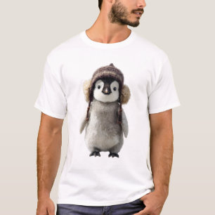 Adorable Baby Penguin Wearing Winter Knit Hat T-Shirt