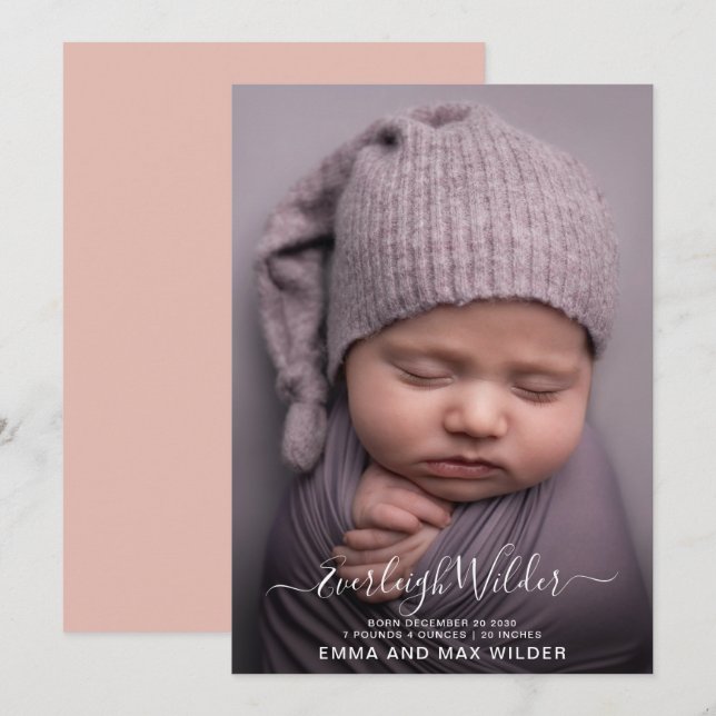 Adorable Baby Photo Script Overlay Birth  Announcement (Front/Back)