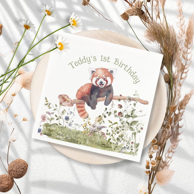 Adorable Baby Red Panda Bear 1st Birthday Party Napkin (Creator Uploaded)