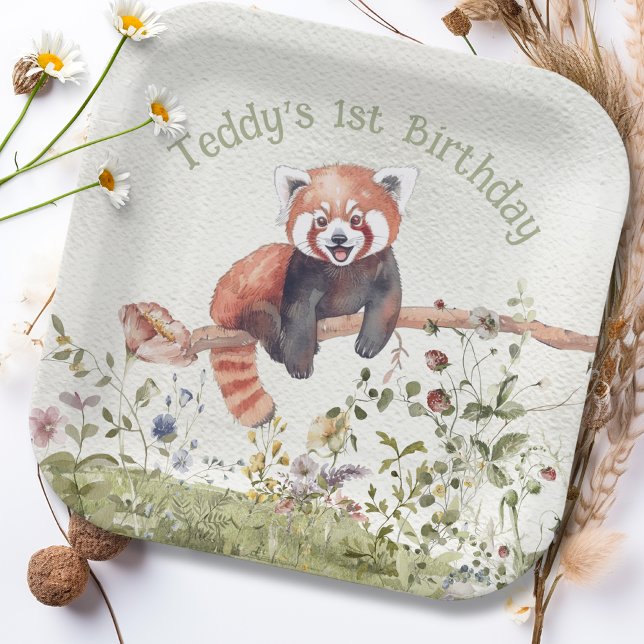 Adorable Baby Red Panda Bear 1st Birthday Party Paper Plate (Creator Uploaded)