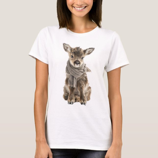 Adorable Baby Reindeer Wearing Cozy Scarf T-Shirt (Front)
