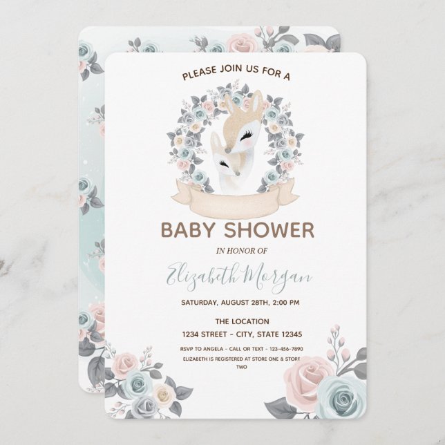 Adorable Baby Reindeers Flowers Baby Shower  Invitation (Front/Back)