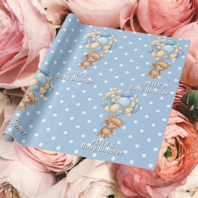 Adorable Baby Shower Gift! Wrapping Paper (Adorable Blue Boy Teddy With Balloons – Perfect Gift Surprise!)