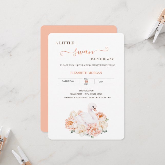 Adorable Baby Swan Roses Baby Shower  Invitation (Front/Back In Situ)