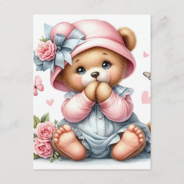 Adorable baby teddy bear with pink hat and bow postcard (Front)