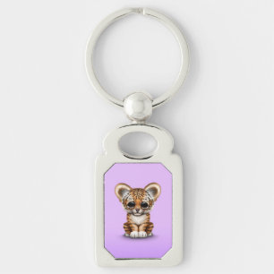 Adorable Baby Tiger Cub on Purple Key Ring