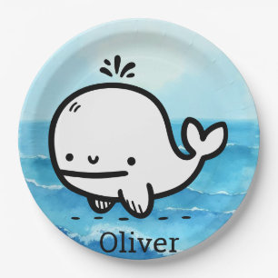 Adorable Baby Whale - Kawaii Sea Creature Line Art Paper Plate