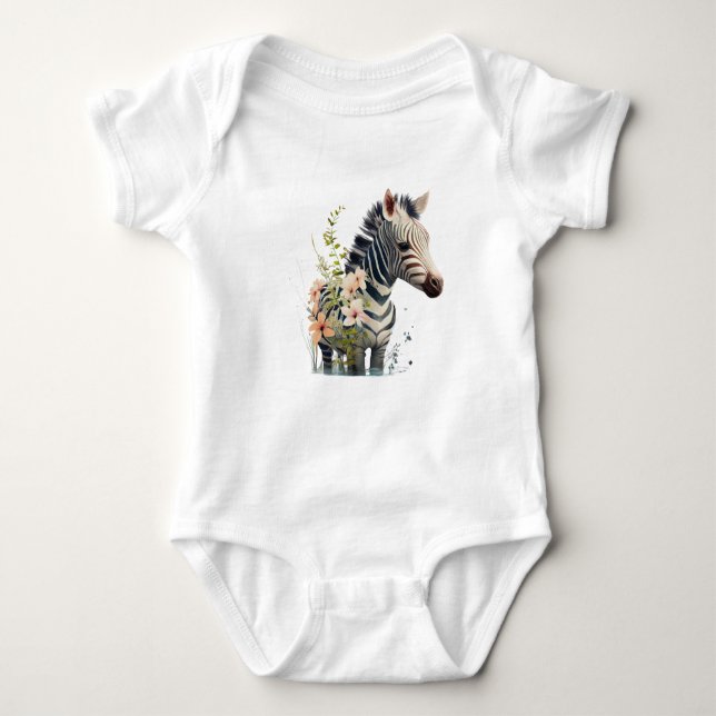 Adorable Baby Zebra with Flowers Baby Bodysuit (Front)