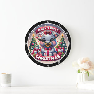 Adorable Baby's First Hippopotamus Christmas Large Clock