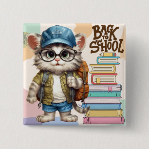 Adorable Back To School Cat Wearing Backpack 15 Cm Square Badge