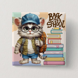 Adorable Back To School Cat Wearing Backpack 15 Cm Square Badge