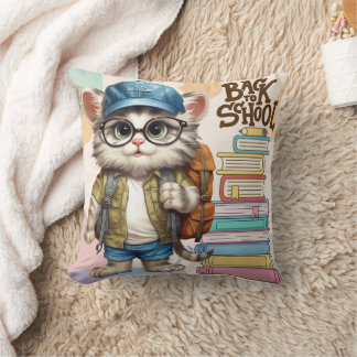 Adorable Back To School Cat Wearing Backpack Cushion