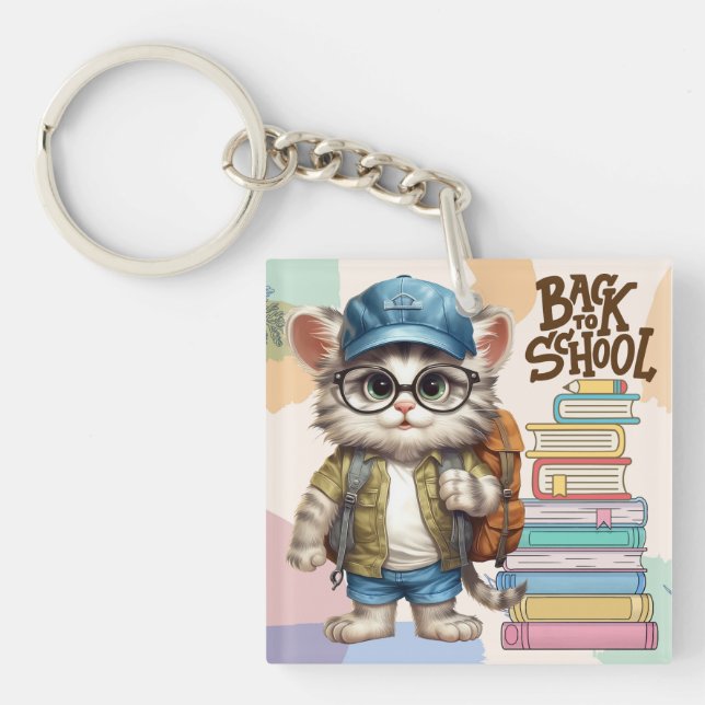 Adorable Back To School Cat Wearing Backpack Key Ring (Front)