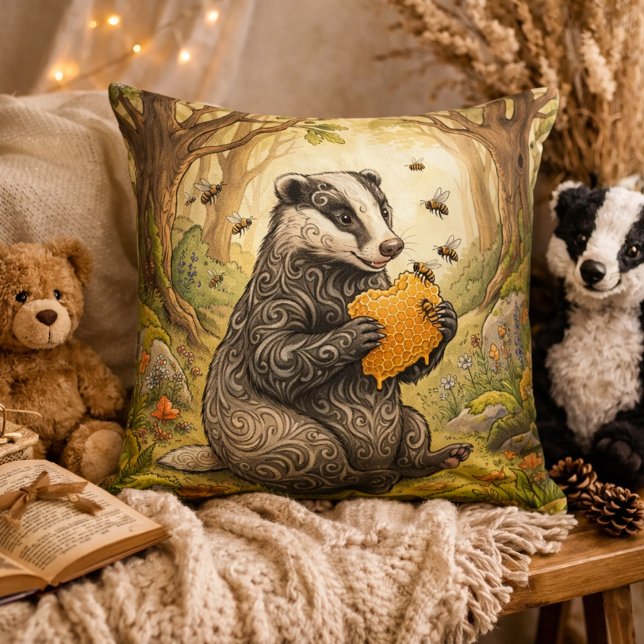 Adorable Badger Eating Honey Forest Animals  Cushion (Creator Uploaded)