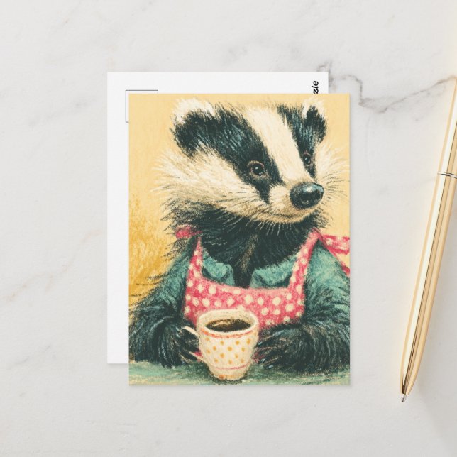 Adorable Badger With a Coffee Red Polka Dot Apron  Postcard (Front/Back In Situ)