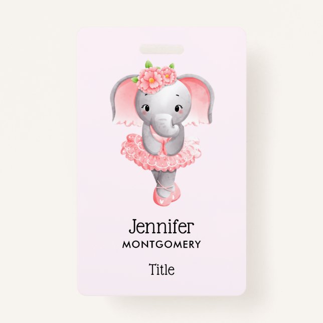 Adorable Ballerina Elephant En Pointe ID Badge (Front)