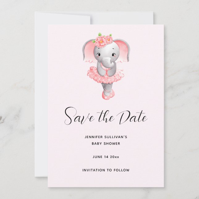 Adorable Ballerina Elephant En Pointe Save The Date (Front)