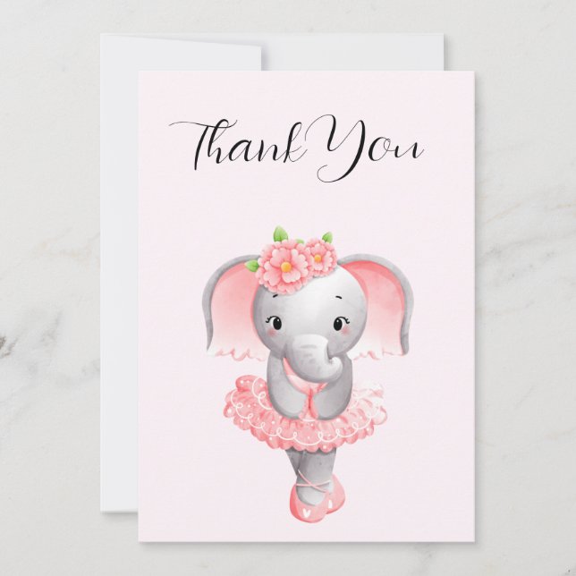 Adorable Ballerina Elephant En Pointe Thank You Card (Front)