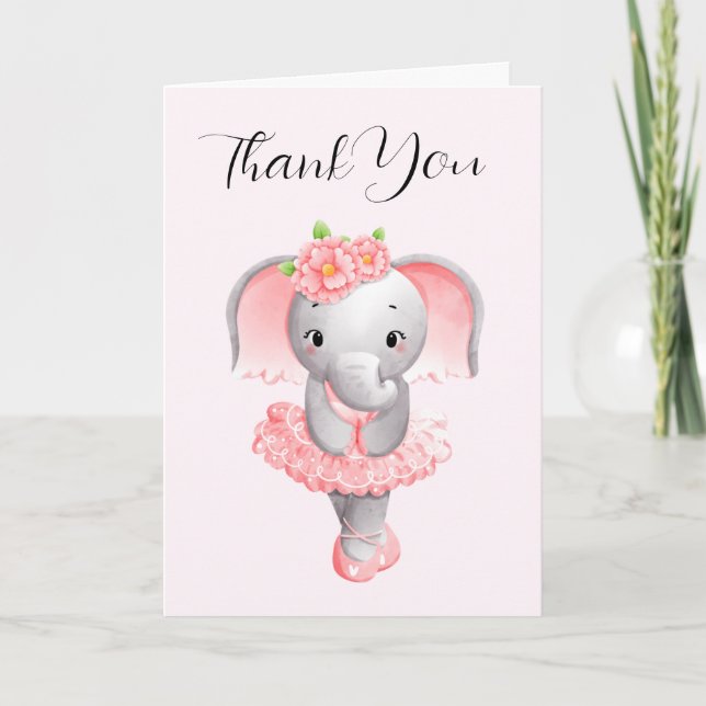 Adorable Ballerina Elephant En Pointe Thank You Card (Front)