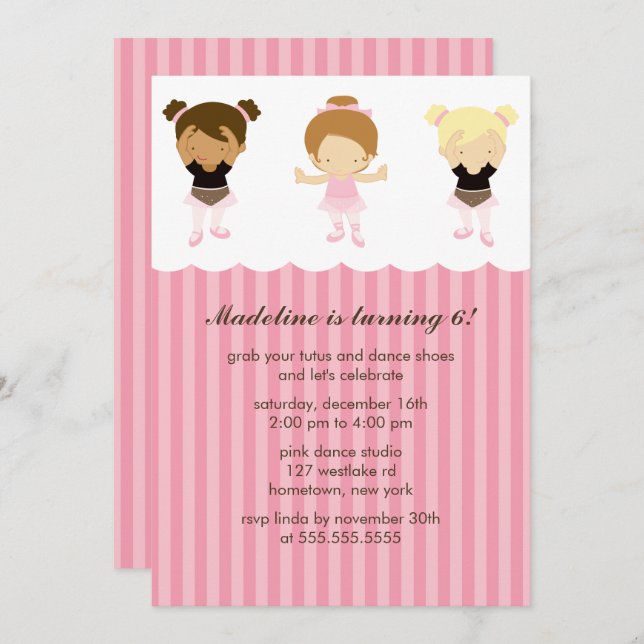 Adorable Ballet Dancers Girls Birthday Party Invitation (Front/Back)