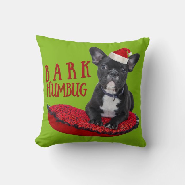 Adorable BARK Humbug French Bulldog Christmas Cushion (Front)